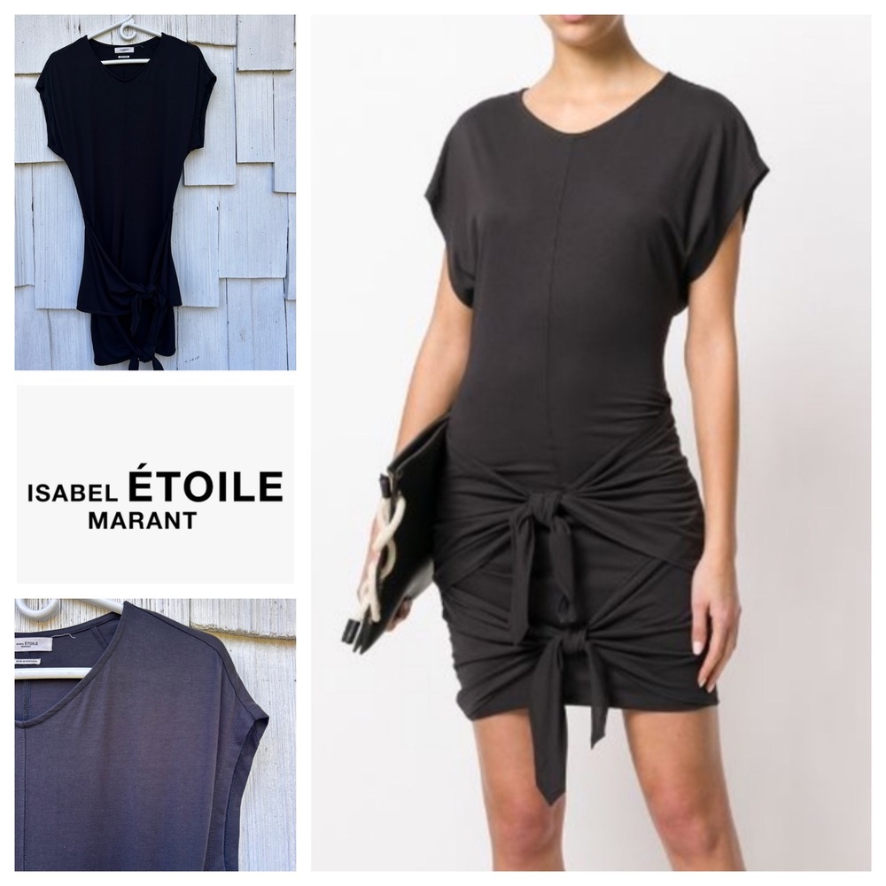 ISABEL ETOILE MARANT Black V Neck Cap Sleeve Tie Front Ruched Dress Size 36/6‎